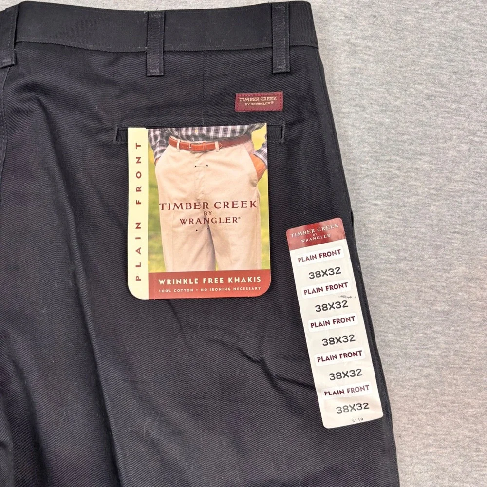 Timber Creek by Wrangler Mens 38x32 Black Wrinkle Free Khakis Plain Front Pants